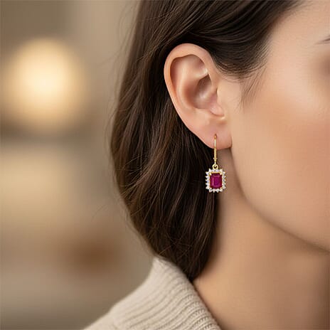 Premier African Ruby (4.5 Ct.) & SI-GH Lab Grown Diamond (0.60 Ct.) Halo Earring in 18K Vermeil Yellow Gold Plated Sterling Silver 5.00 Ct.