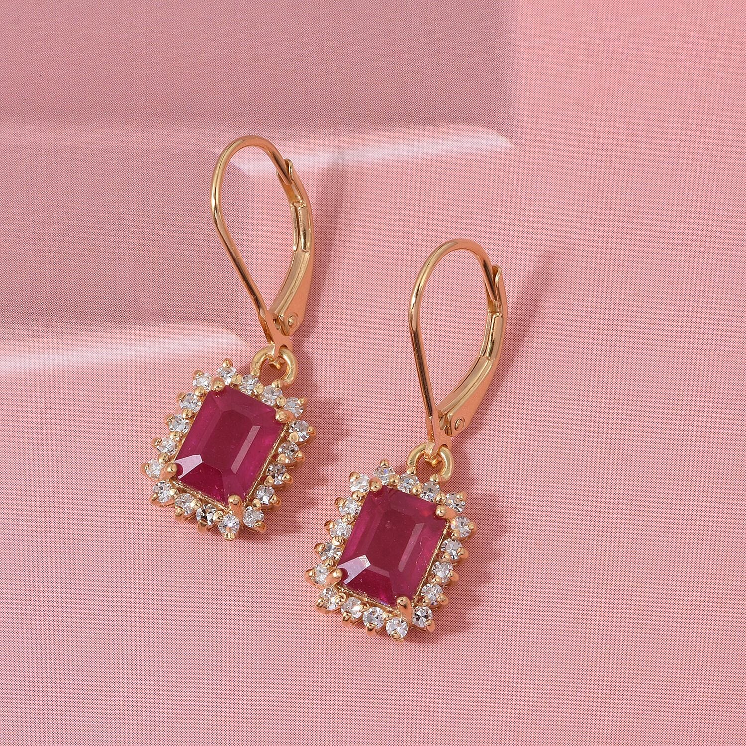 Premier African Ruby (4.5 Ct.) & SI-GH Lab Grown Diamond (0.60 Ct.) Halo Earring in 18K Vermeil Yellow Gold Plated Sterling Silver 5.00 Ct.