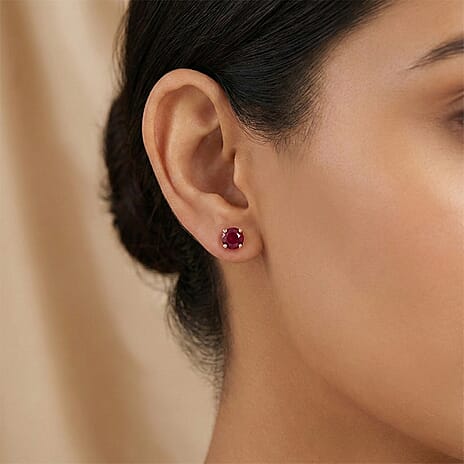 D'Joy - Premium African Ruby Solitaire Stud Push Post Earring in Yellow Gold Plated Sterling Silver 5.00 Ct.