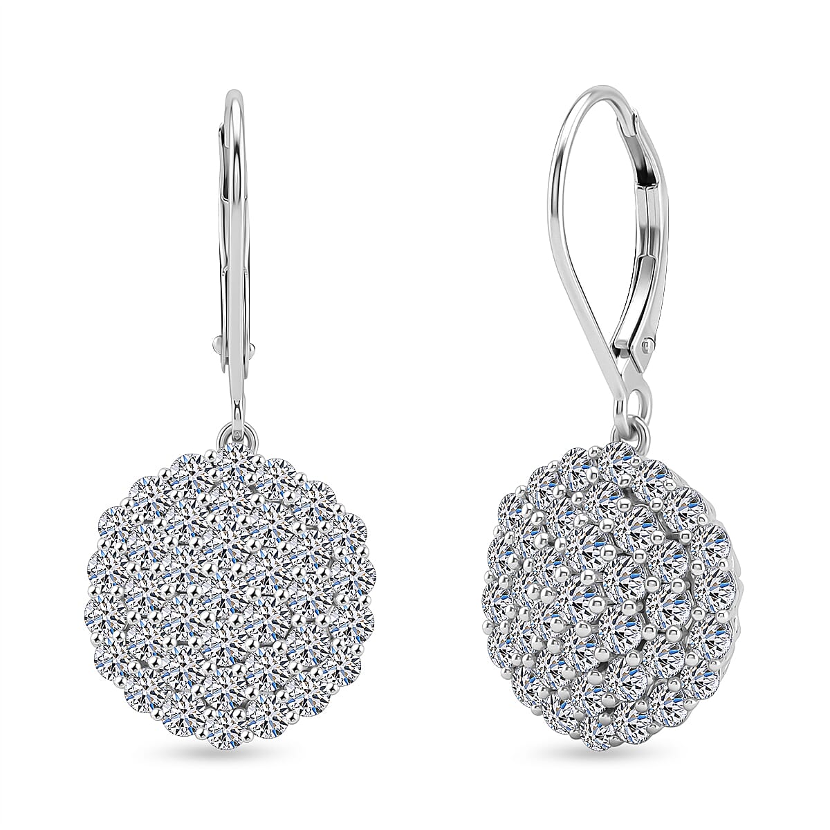 Luxuriant SI-G-H Lab Grown Diamond Cluster Earring with Lever Back in Rhodium Overlay Sterling Silver 3.00 Ct.