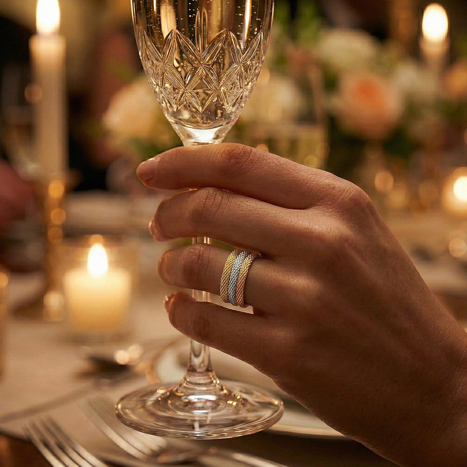 Maestro Collection - 9K Yellow Gold Tri Colour Mesh Band Ring (Size O to T) - Medium