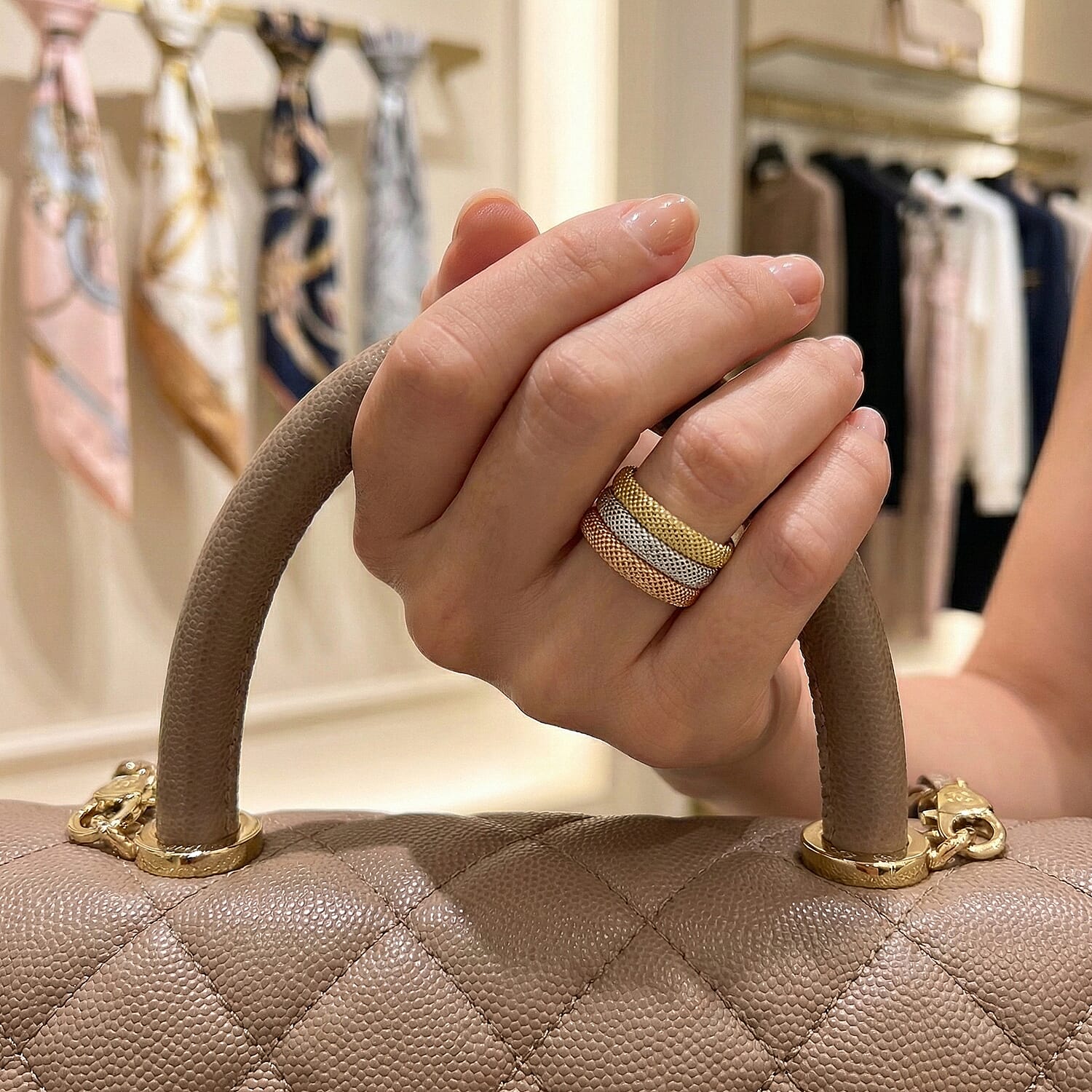 Maestro Collection - 9K Yellow Gold Tri Colour Mesh Band Ring (Size O to T) - Medium