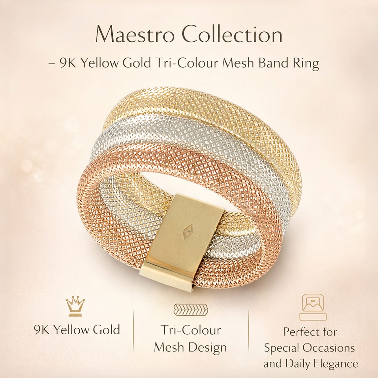 Maestro Collection - 9K Yellow Gold Tri Colour Mesh Band Ring (Size O to T) - Medium
