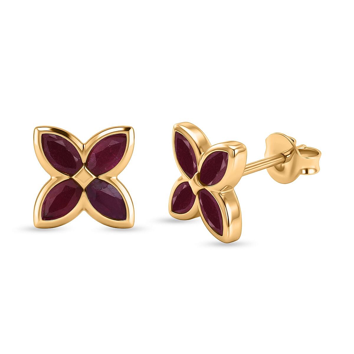 D'Joy African Ruby Floral Push Post Earring in Yellow Gold Plated Sterling Silver 1.84 Ct.