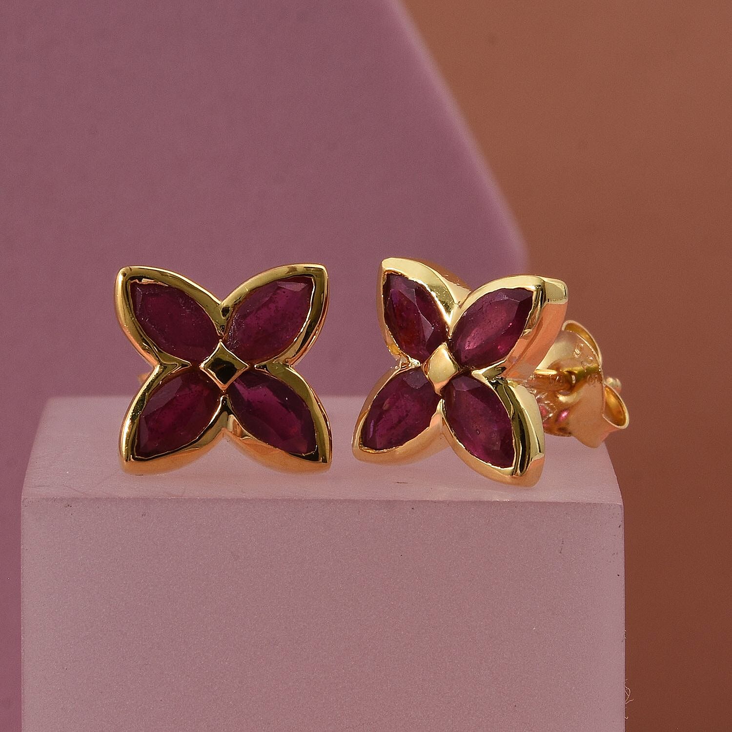 D'Joy African Ruby Floral Push Post Earring in Yellow Gold Plated Sterling Silver 1.84 Ct.