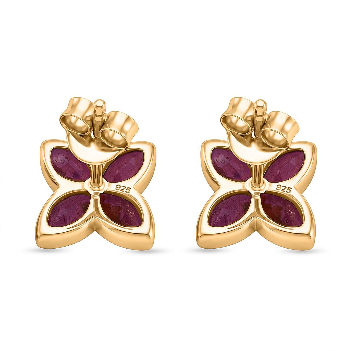 D'Joy African Ruby Floral Push Post Earring in Yellow Gold Plated Sterling Silver 1.84 Ct.