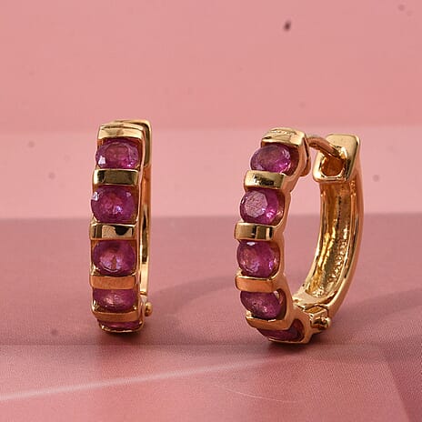 D'Joy African Ruby Huggie Hoop Earring in Yellow Gold Plated Sterling Silver 1.70 Ct.