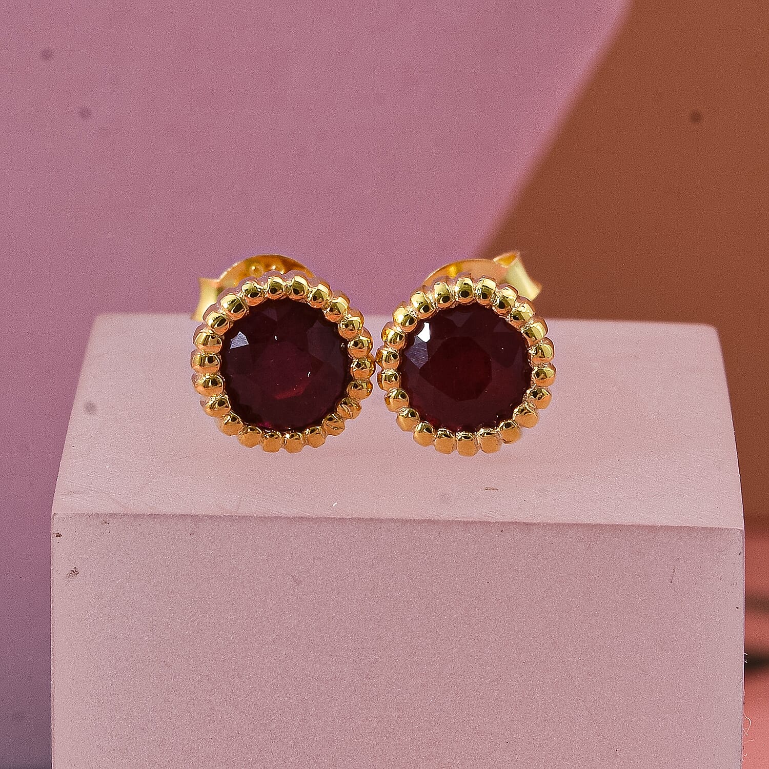 D'Joy African Ruby Earring with Push Back in Yellow Gold Plated  Sterling Silver 1.34 Ct.