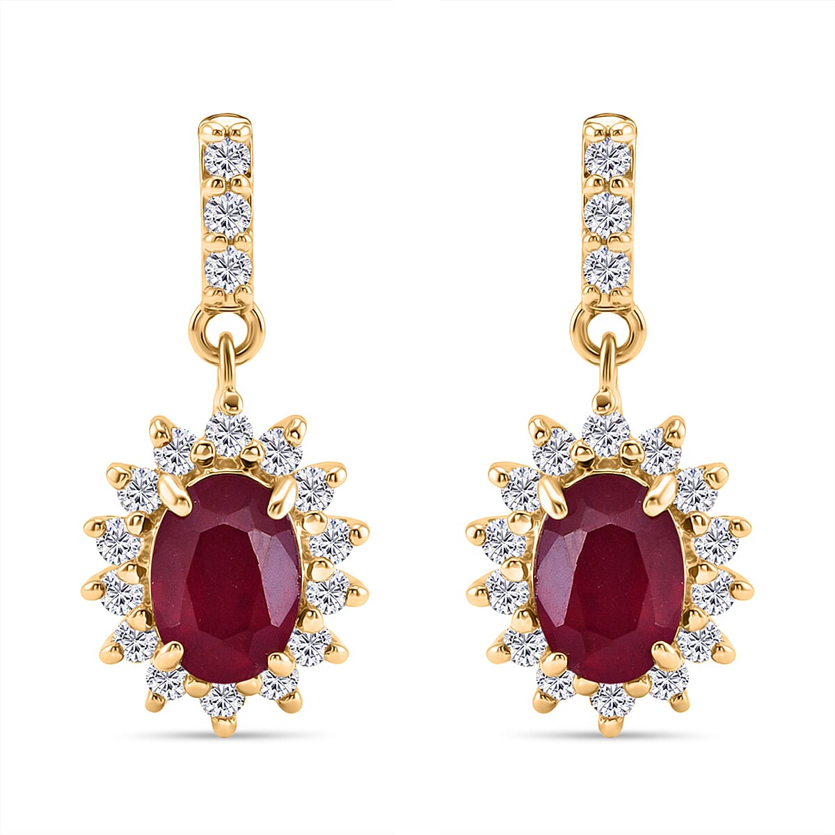 D'Joy African Ruby & White Zircon Sunburst Halo Earring with Push Back in Yellow Gold Plated Sterling Silver 3.30 Ct.