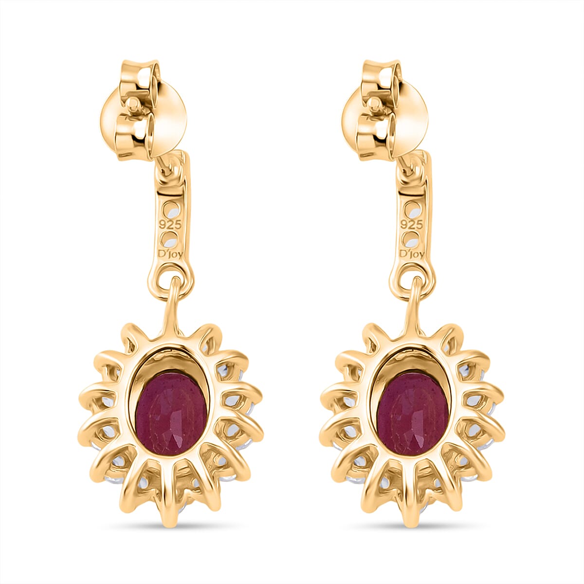 D'Joy African Ruby & White Zircon Sunburst Halo Earring with Push Back in Yellow Gold Plated Sterling Silver 3.30 Ct.