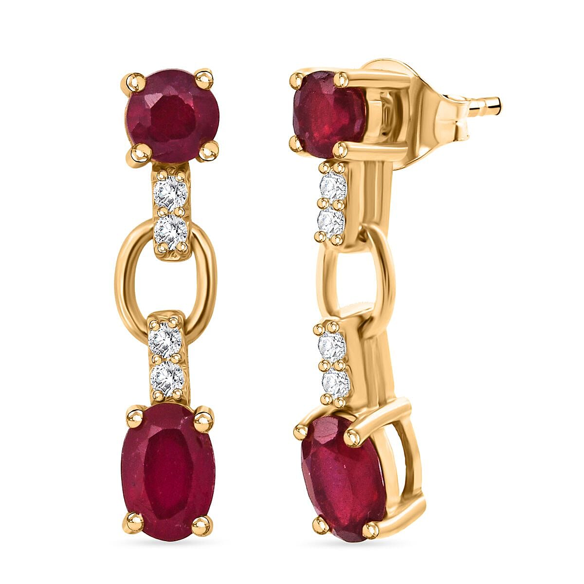 D'Joy African Ruby & White Zircon Link Drop Stud Earring with Push Back in Yellow Gold Plated Sterling Silver 2.46 Ct.