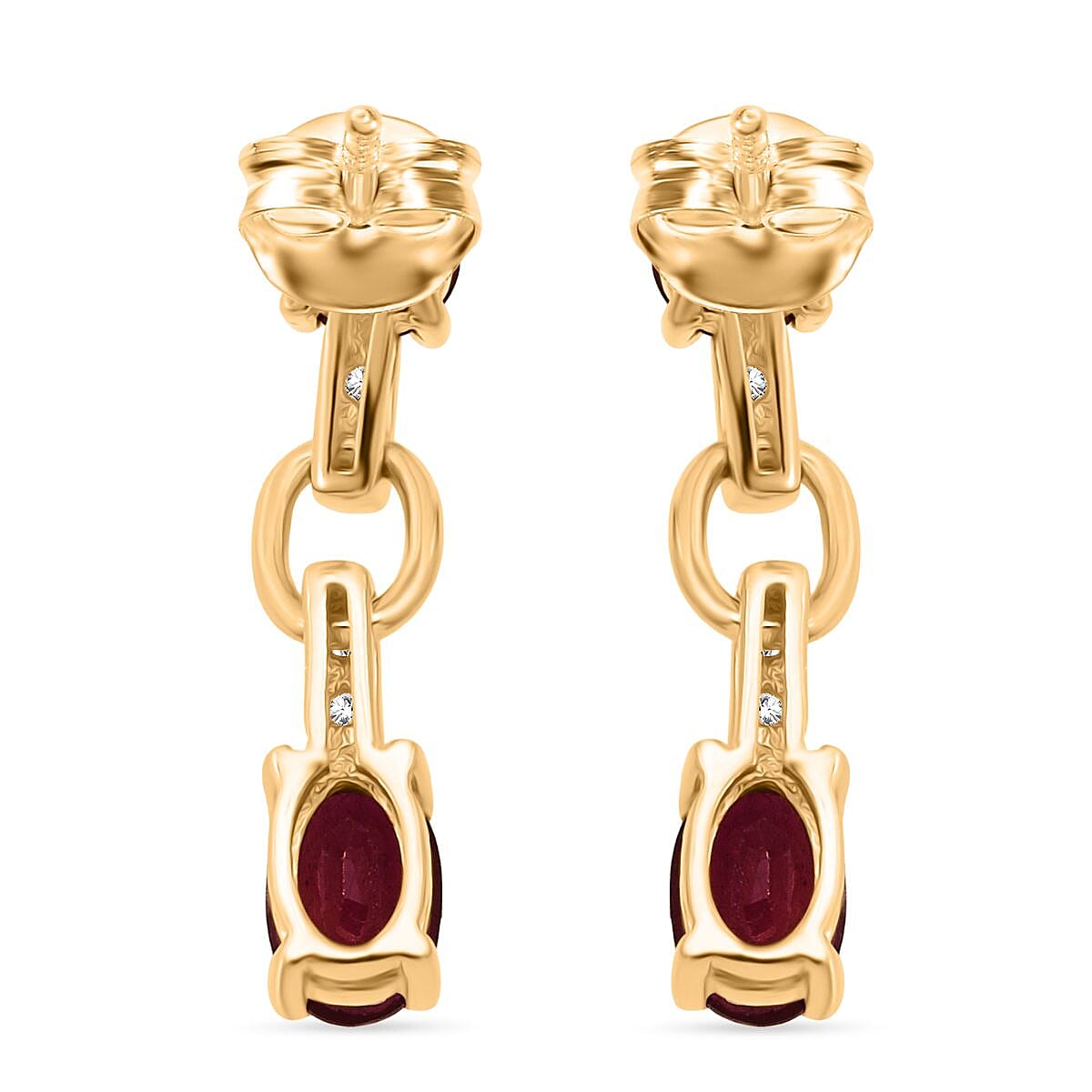 D'Joy African Ruby & White Zircon Link Drop Stud Earring with Push Back in Yellow Gold Plated Sterling Silver 2.46 Ct.