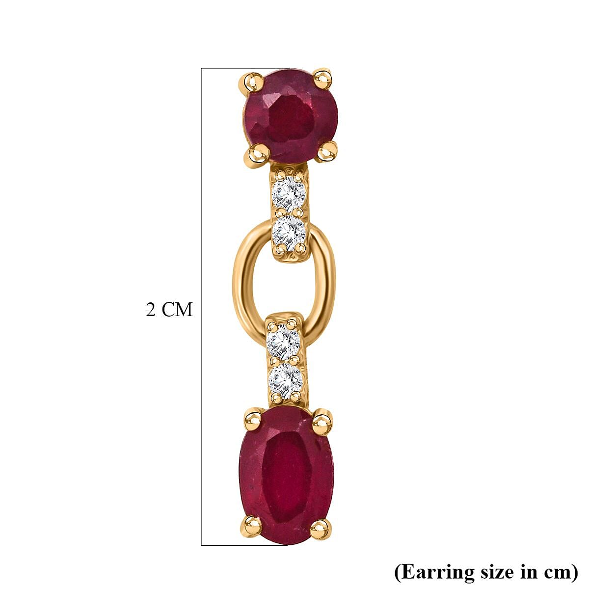 D'Joy African Ruby & White Zircon Link Drop Stud Earring with Push Back in Yellow Gold Plated Sterling Silver 2.46 Ct.