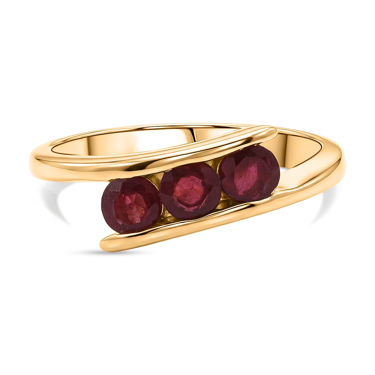 D'Joy African Ruby Trilogy Bypass Ring in Yellow Gold Plated Sterling Silver 1.20 Ct.
