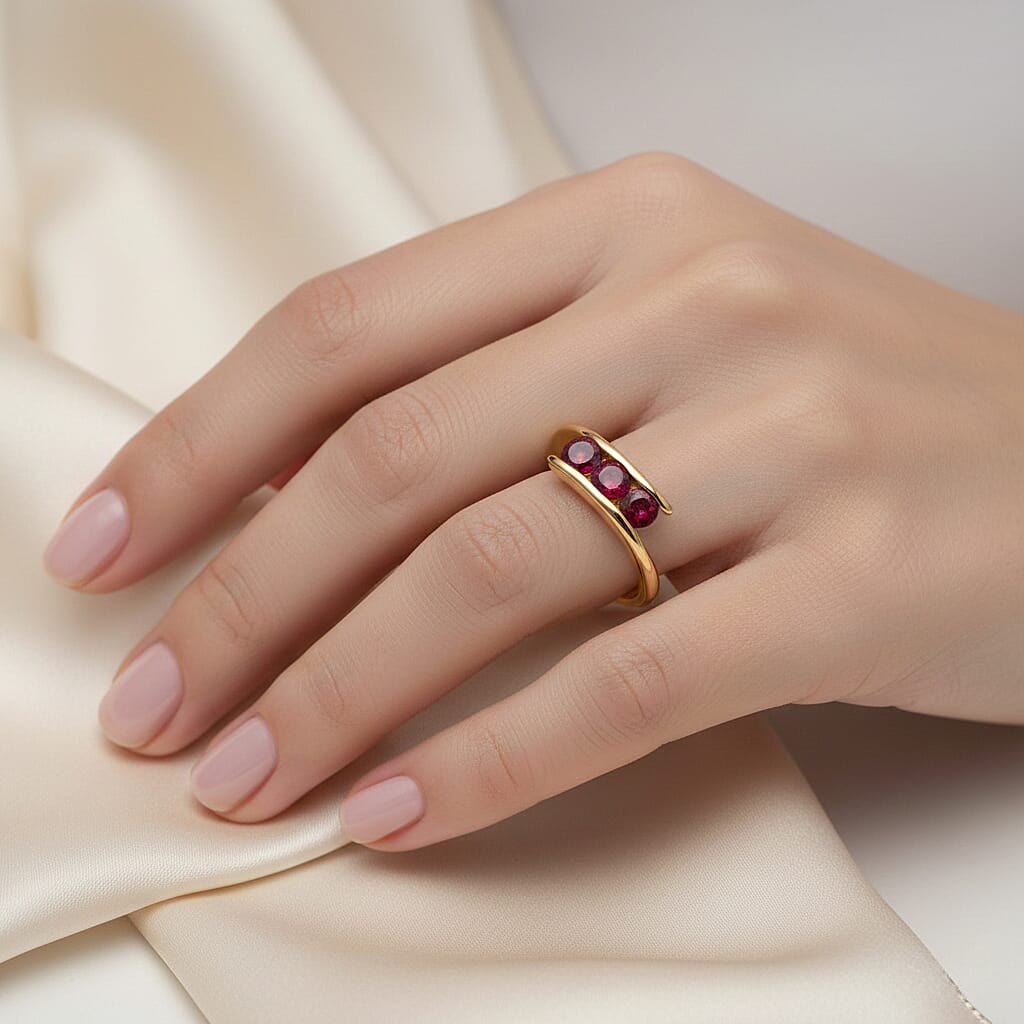 D'Joy African Ruby Trilogy Bypass Ring in Yellow Gold Plated Sterling Silver 1.20 Ct.