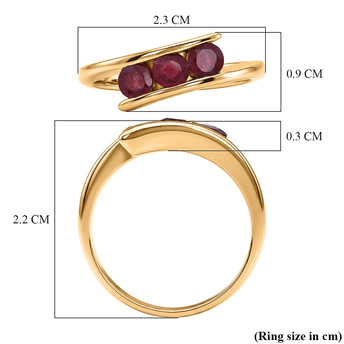 D'Joy African Ruby Trilogy Bypass Ring in Yellow Gold Plated Sterling Silver 1.20 Ct.