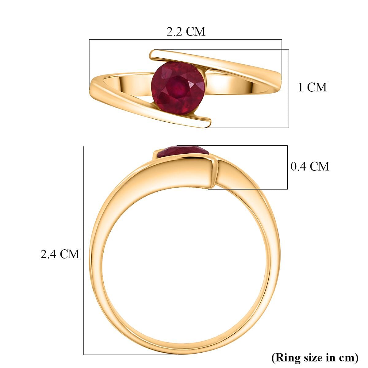 D'Joy African Ruby Solitaire Bypass Ring in Yellow Gold Plated Sterling Silver 1.25 Ct.