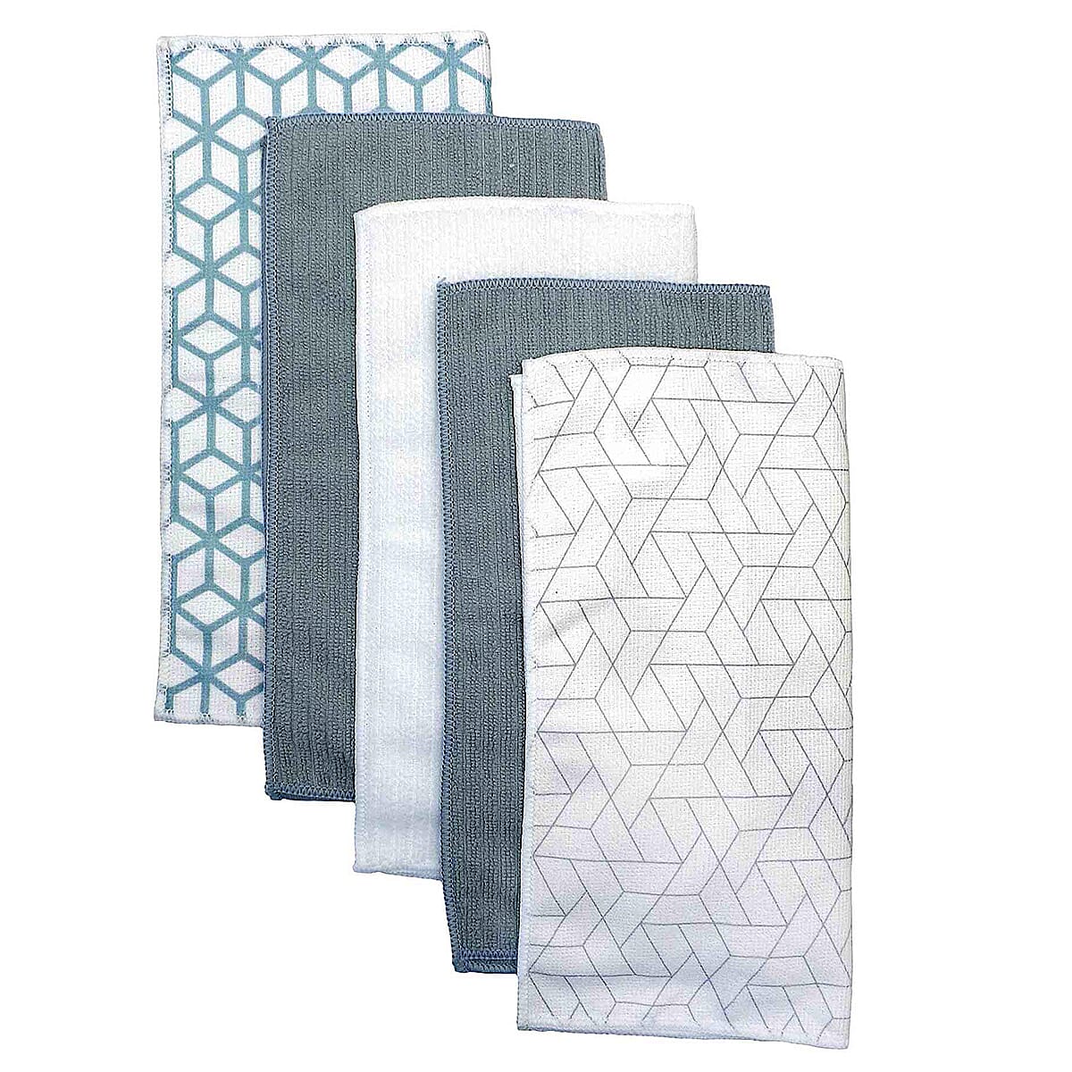 5pk Geometrical Prints Microfibre Cleaning Cloths - White, Green & Light Grey