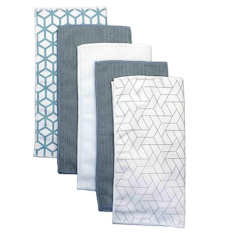 5pk Geometrical Prints Microfibre Cleaning Cloths - White, Green & Light Grey