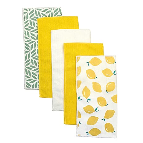 5pk Lemon Prints Microfibre Cleaning Cloths - Yellow,  White & Green