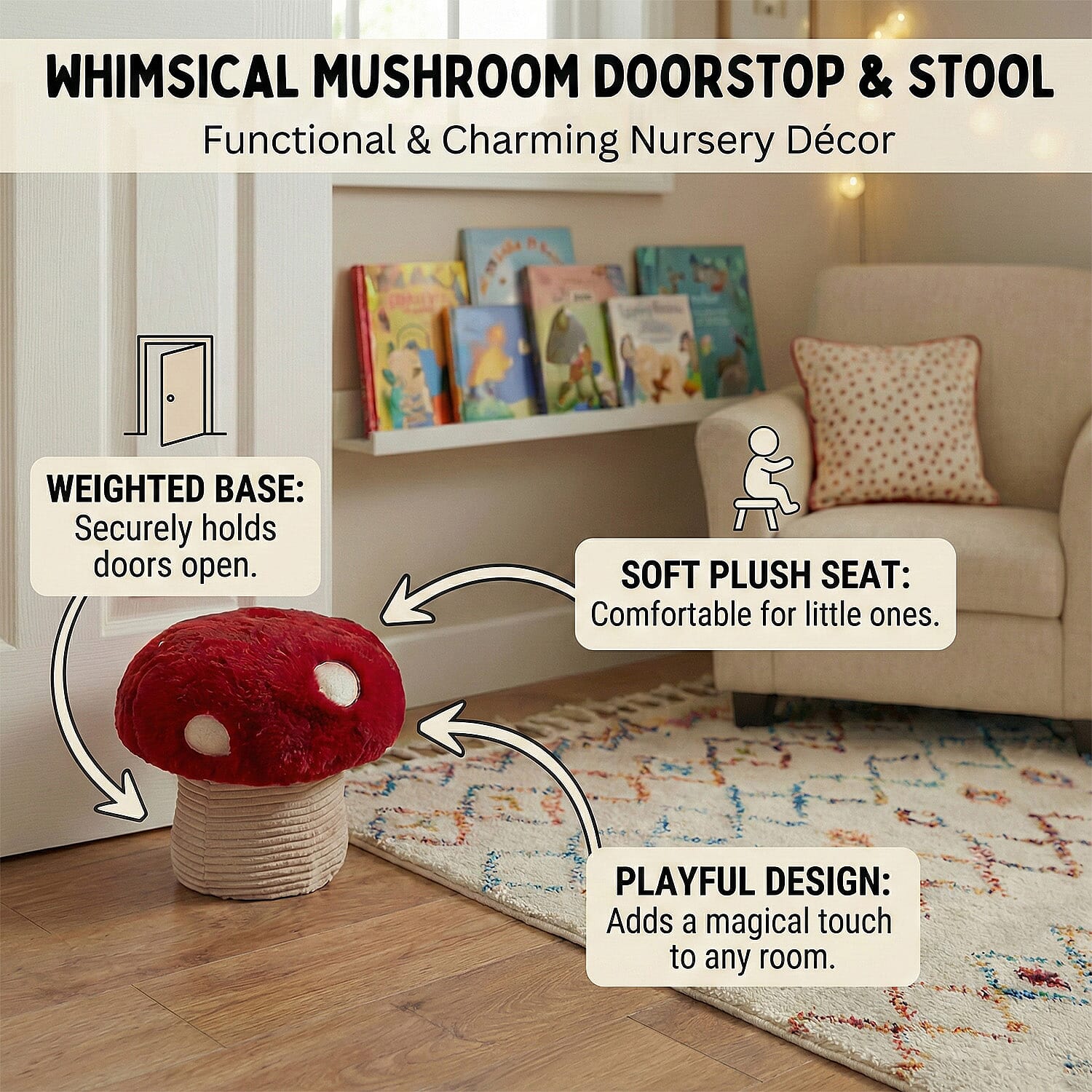 Toadstool Decorative Weighted Door Stop (23 cm) - Red