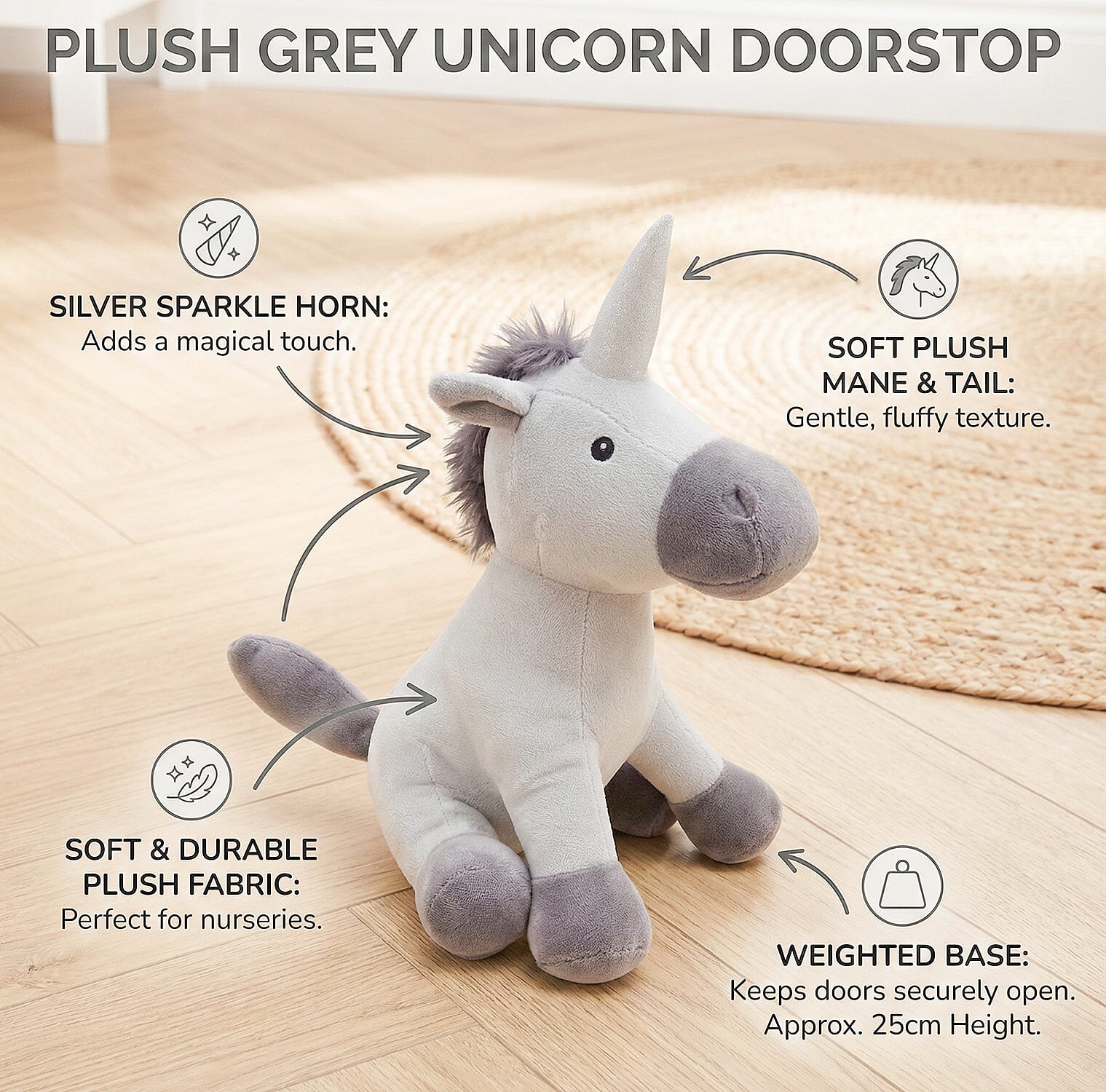 Unicorn Weighted Door Stop (25cm) - Grey