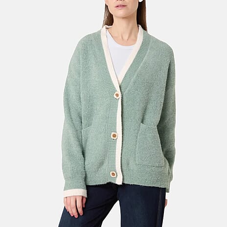Wildflower Cosy Knit Contrast Pocket Cardigan (Size M-L, fit 14 to 16) - Sage