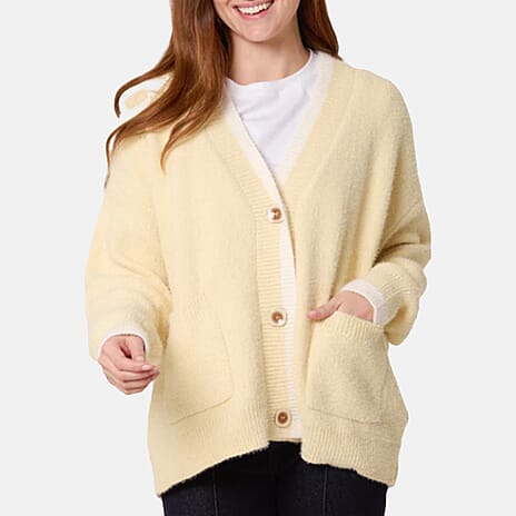 Wildflower Cosy Knit Contrast Pocket Cardigan (Size S-M, fit 8 to 12) - Lemon