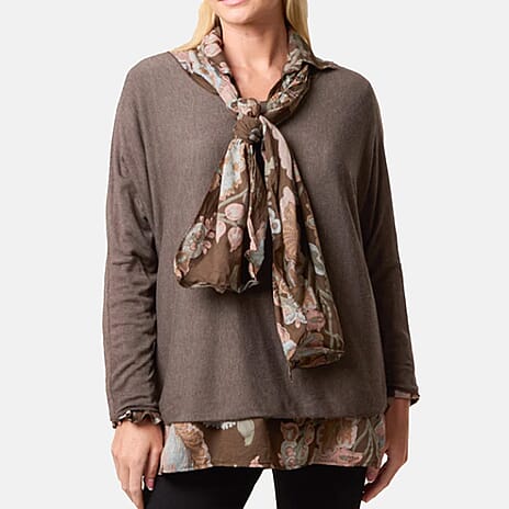 Misumi 100% Cotton Double Layer Blouse With Matching Scarf (One Size, Fit  8 To 16) - Chocolate