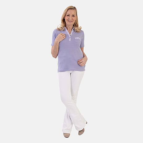 Beaumonde Ladies Short Sleeve Polo With Woven Floral Print Collar (Size L, 16 to 18) - Lilac