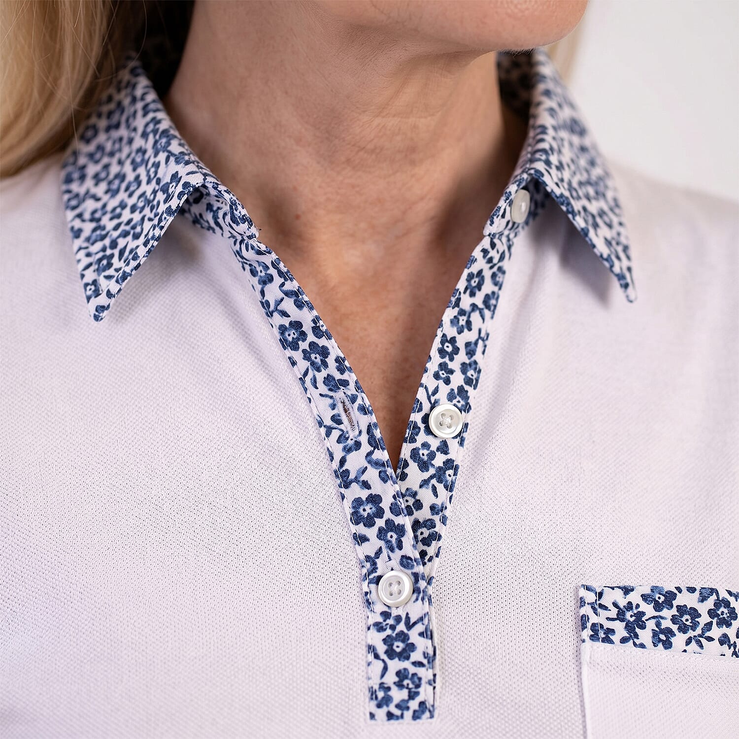 Beaumonde Ladies Short Sleeve Polo With Woven Floral Print Collar