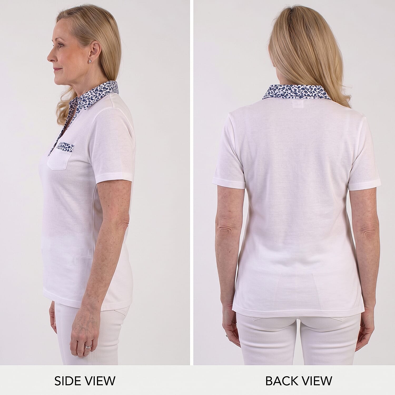 Beaumonde Ladies Short Sleeve Polo With Woven Floral Print Collar
