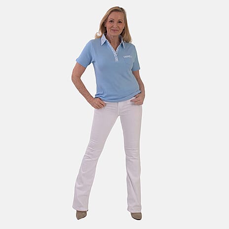 Beaumonde Ladies Short Sleeve Polo With Woven Floral Print Collar (Size L, 16 to 18) - Sky Blue