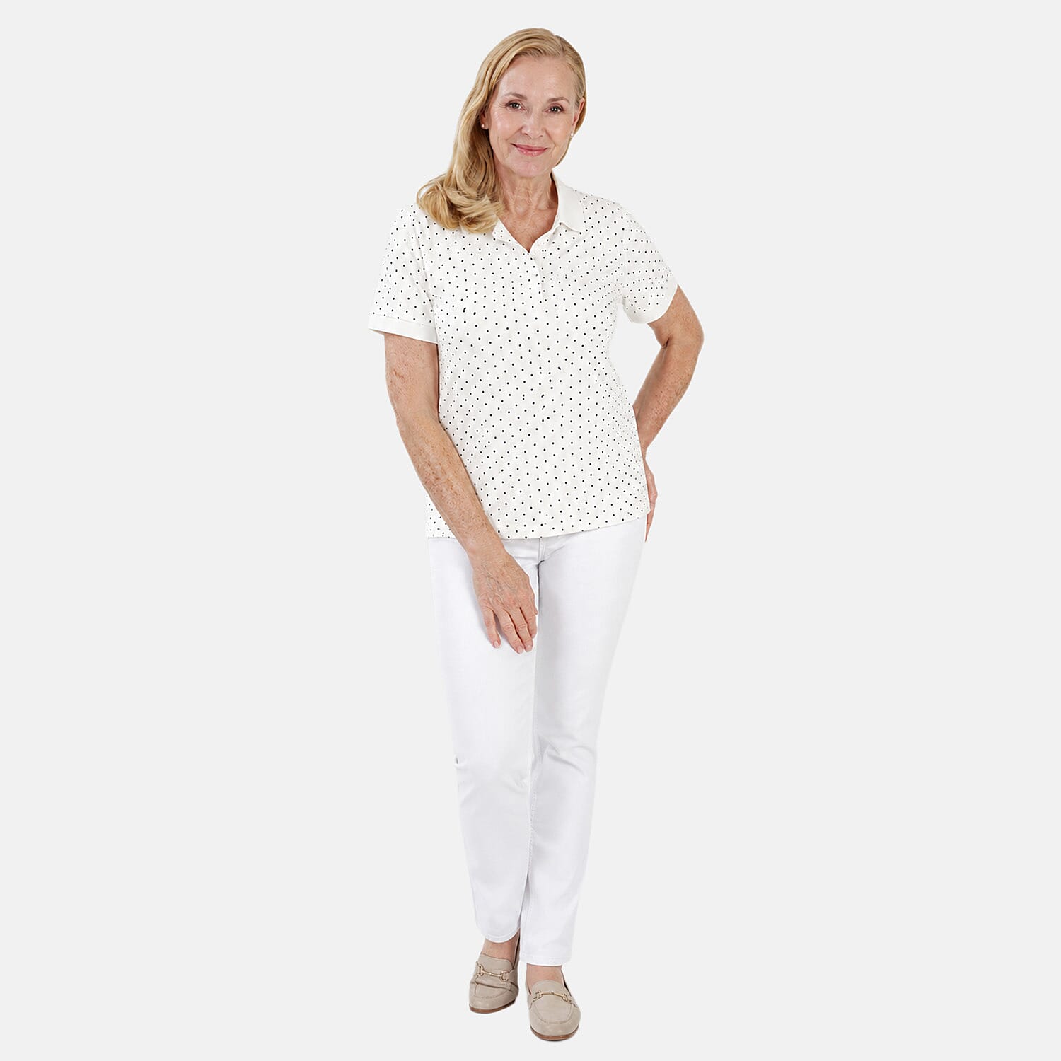 Beaumonde Ladies Short Sleeve Spot Printed Single Jersey Polo Tee (Size M, 12-14) - White
