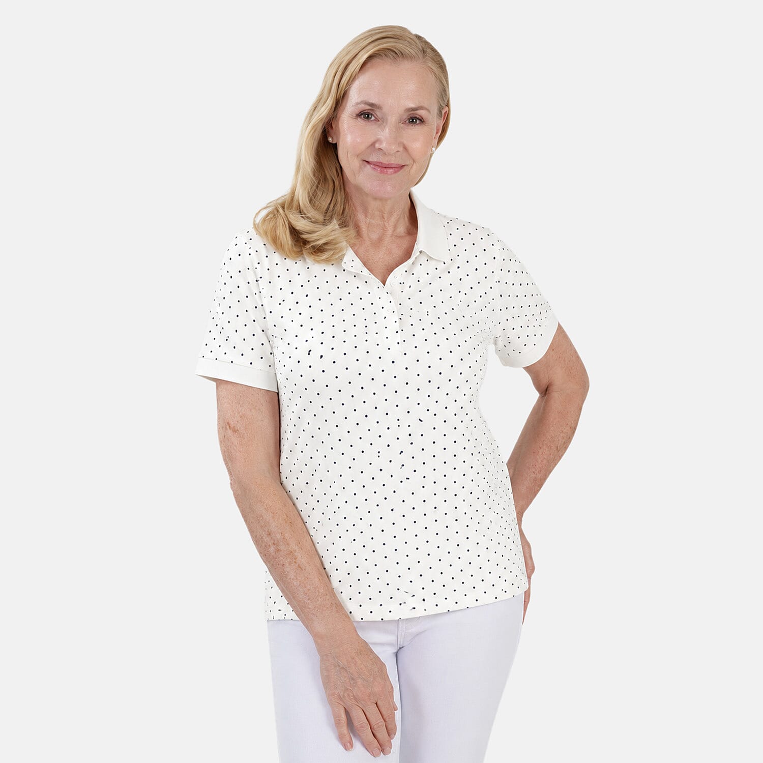 Beaumonde Ladies Short Sleeve Spot Printed Single Jersey Polo Tee (Size XL, 20-22) - White