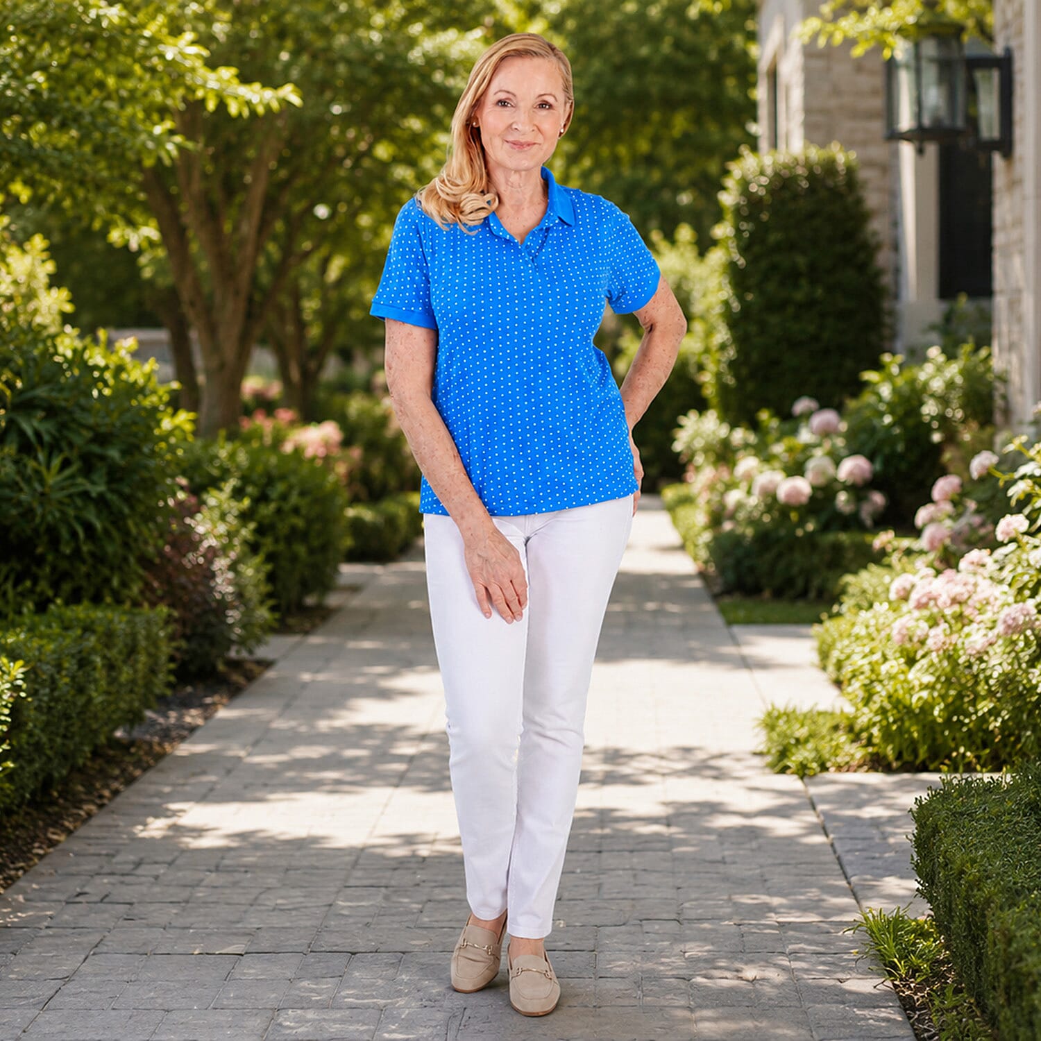 Beaumonde Ladies Short Sleeve Spot Printed Single Jersey Polo Tee (Size S, 8-10) - Blue