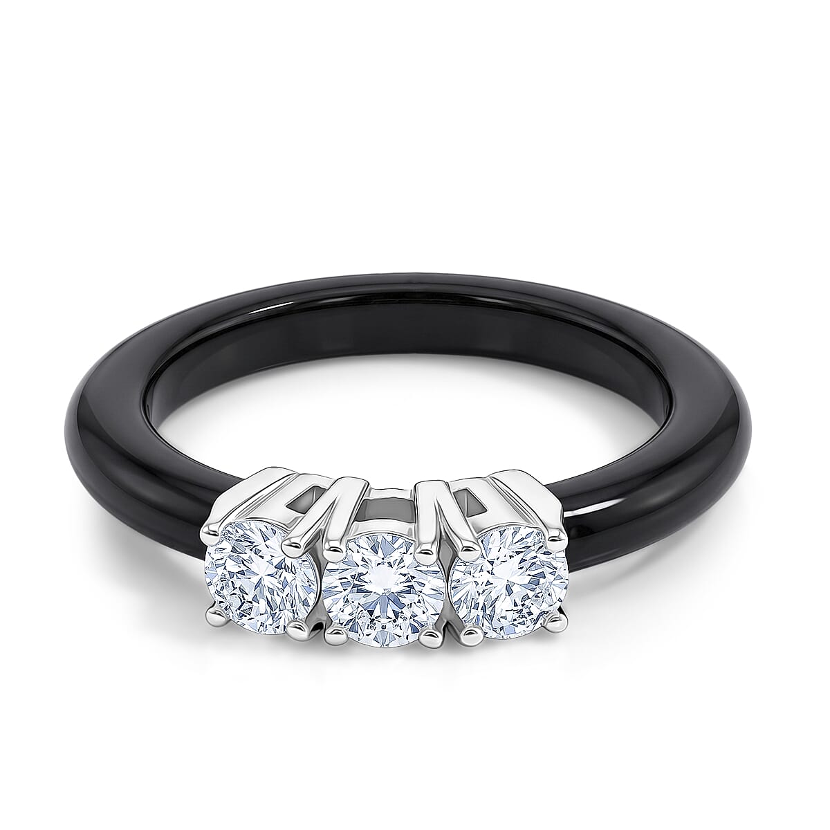 Lab Grown Diamond SI-GH ( 0.75 Cts) & Black Jade Trilogy Band Ring in Rhodium Overlay Sterling Silver 10.00 Ct.