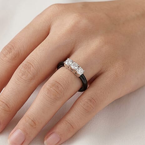 Lab Grown Diamond SI-GH ( 0.75 Cts) & Black Jade Trilogy Band Ring in Rhodium Overlay Sterling Silver 10.00 Ct.