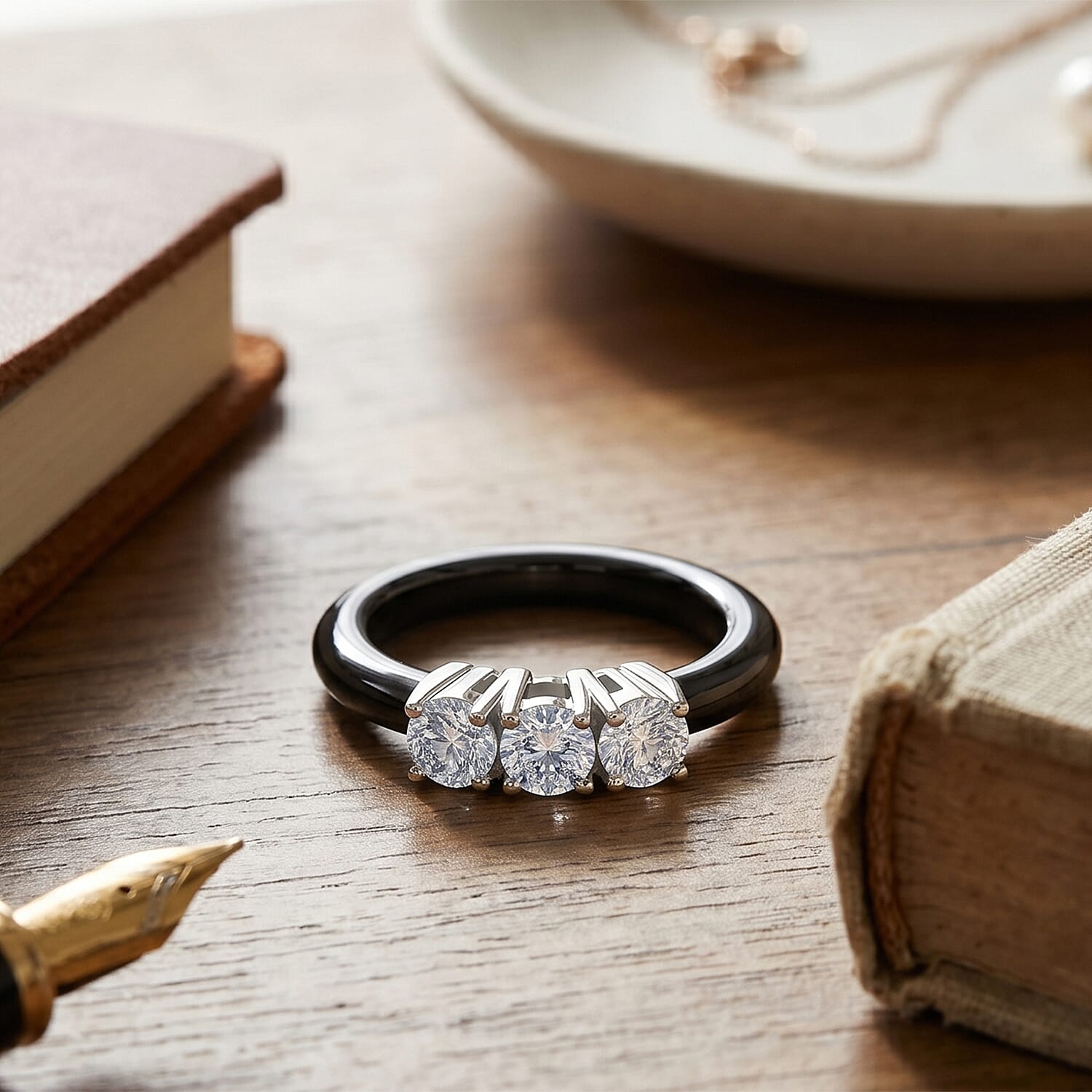 Lab Grown Diamond SI-GH ( 0.75 Cts) & Black Jade Trilogy Band Ring in Rhodium Overlay Sterling Silver 10.00 Ct.