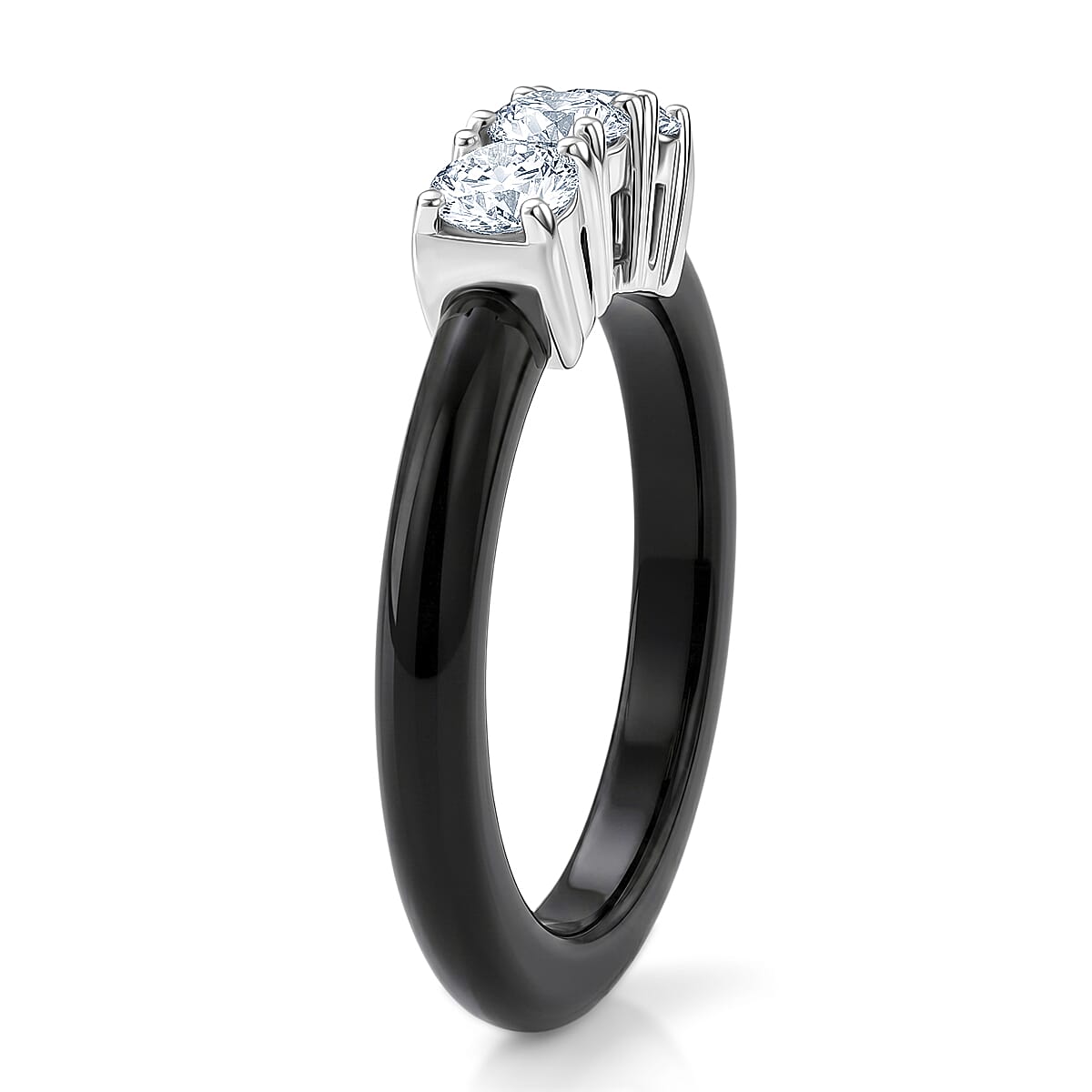 Lab Grown Diamond SI-GH ( 0.75 Cts) & Black Jade Trilogy Band Ring in Rhodium Overlay Sterling Silver 10.00 Ct.