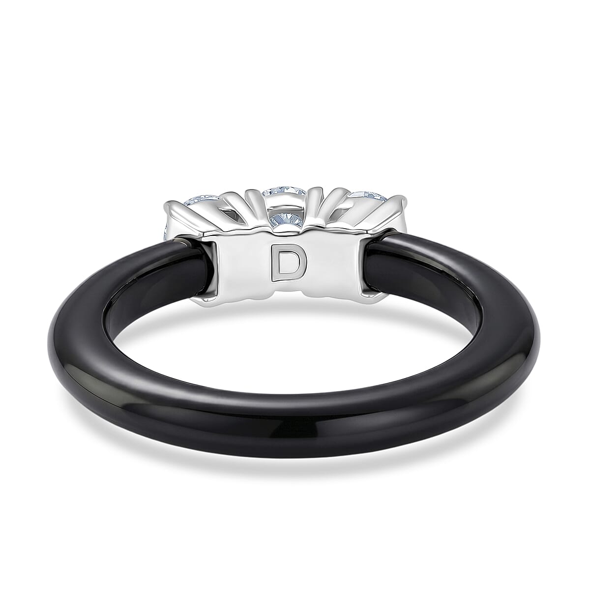 Lab Grown Diamond SI-GH ( 0.75 Cts) & Black Jade Trilogy Band Ring in Rhodium Overlay Sterling Silver 10.00 Ct.