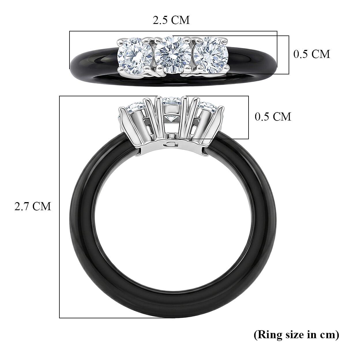 Lab Grown Diamond SI-GH ( 0.75 Cts) & Black Jade Trilogy Band Ring in Rhodium Overlay Sterling Silver 10.00 Ct.