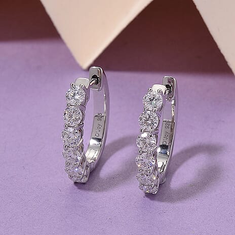 D'Joy GRA Certified Moissanite D-VVS1 Hoop Earring in Rhodium Overlay Sterling Silver 1.32 Ct.