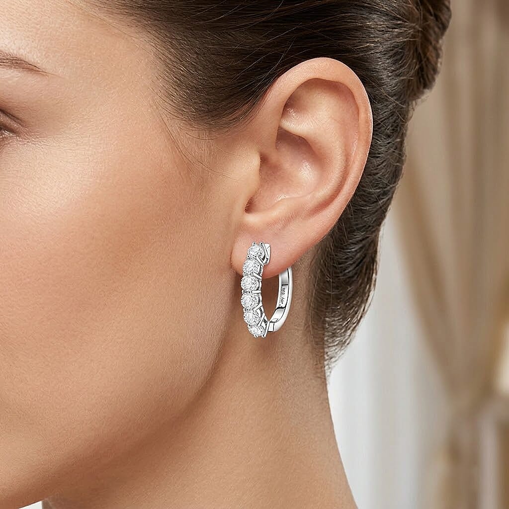 D'Joy GRA Certified Moissanite D-VVS1 Hoop Earring in Rhodium Overlay Sterling Silver 1.32 Ct.
