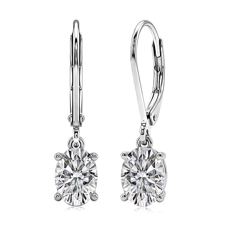 D'Joy Moissanite GRA Certified Solitaire Earring with Lever Back in Rhodium Overlay Sterling Silver 1.70 Ct.