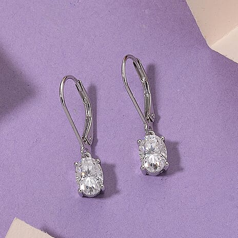 D'Joy Moissanite GRA Certified Solitaire Earring with Lever Back in Rhodium Overlay Sterling Silver 1.70 Ct.