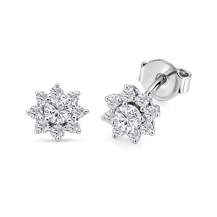 D'Joy GRA Certified Moissanite D-VVS1 Floral Halo Earring with Push Back in Rhodium Overlay Sterling Silver 0.44 Ct