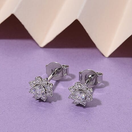 D'Joy - GRA Certified Moissanite D-VVS1 Floral Halo Earring with Push Back in Rhodium Overlay Sterling Silver 0.44 Ct