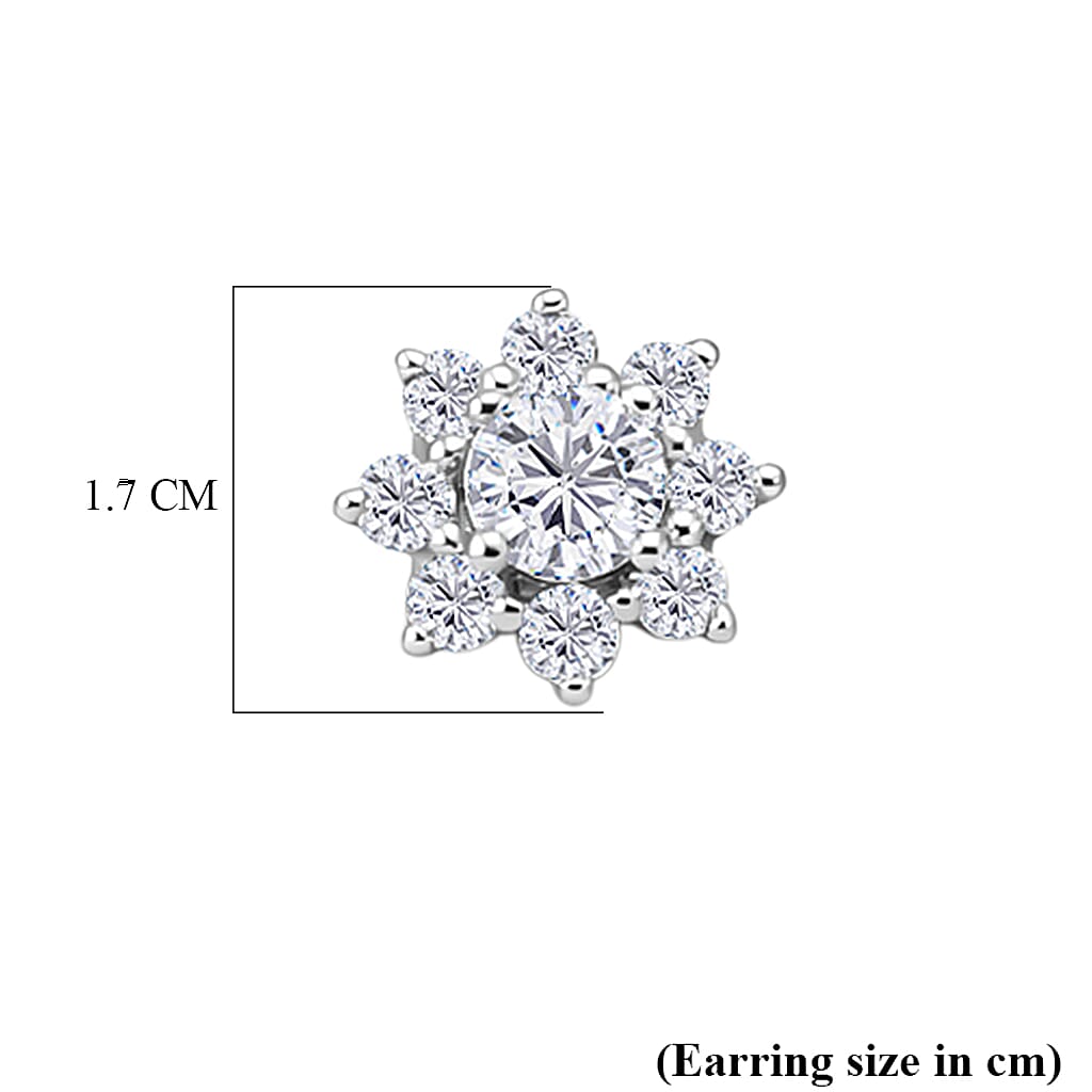 D'Joy GRA Certified Moissanite D-VVS1 Floral Halo Earring with Push Back in Rhodium Overlay Sterling Silver 0.44 Ct