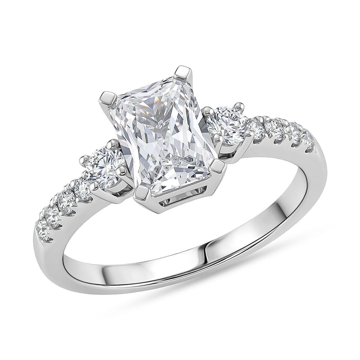 D'Joy - Moissanite GRA Certified Trilogy Ring in Rhodium Overlay Sterling Silver 2.10 Ct.